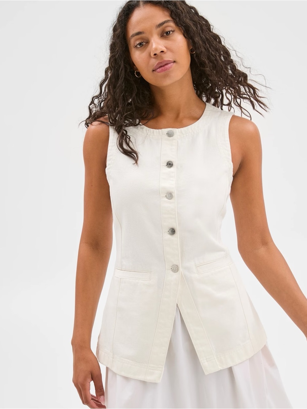 Etica Jay Button Down Long Vest in White